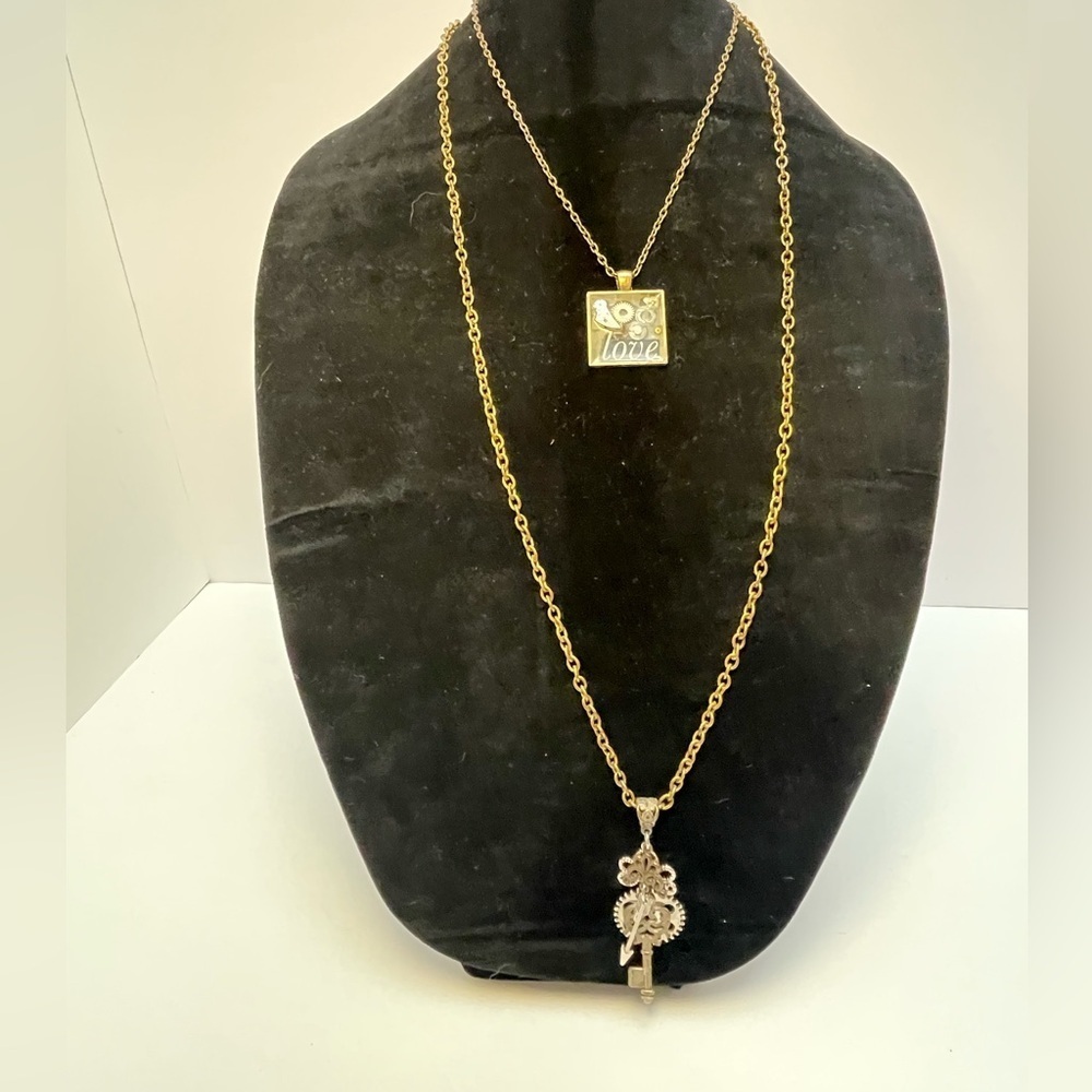 Vintage Steampunk necklace duo with black stud rhinestone earrings